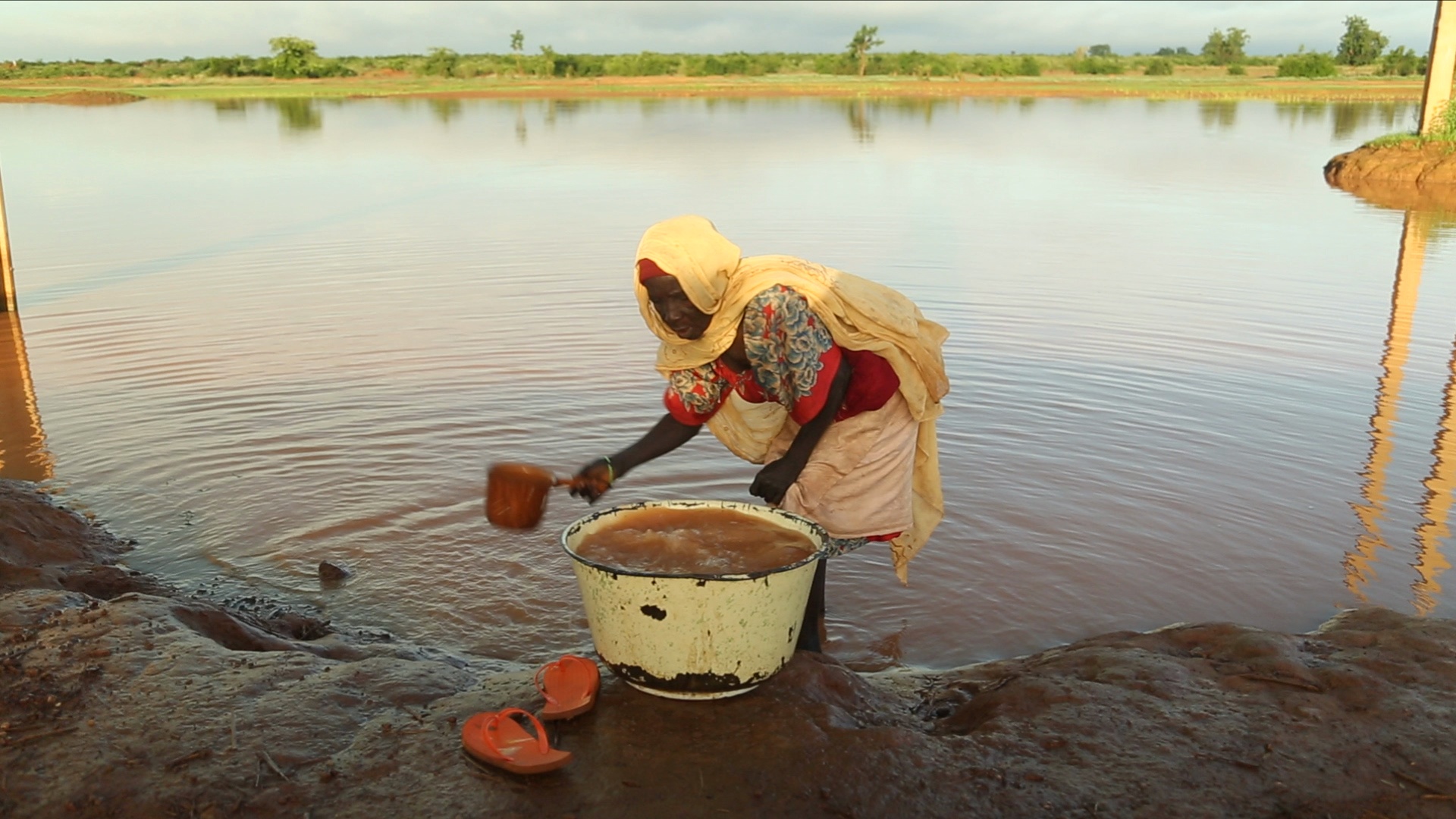 Woman scooping water from an open pond